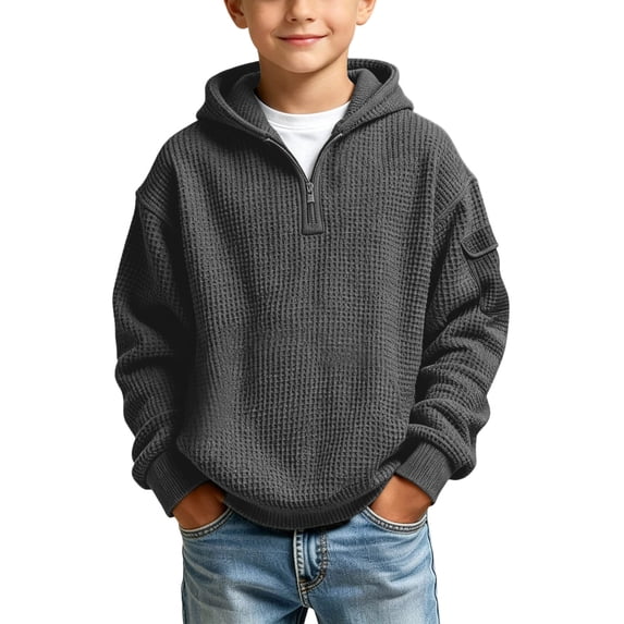Iyufng Quarter Zip Hoodies for Boys Waffle Texture Ribbed Cuff & Hem Relaxed Fit Daily School Long Sleeve Pullover Sweatshirt