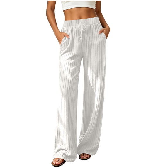 Iyufng Ribbed Knit Wide Leg Pants for Women Elastic Drawstring High Waist Womens Comfy Casual Lounge Pants with Pockets
