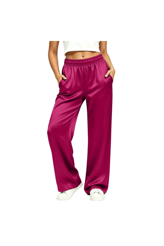 Satin Wide Leg Pajama Pants for Women Elastic High Waist Loose Shiny Silk Casual Loungewear Trousers with Pockets