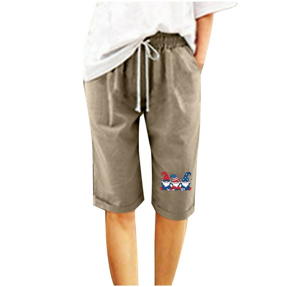 Iyufng Shorts for Women Plus Size 4Th of July Casual Linen Shorts Women,Cotton and Linen Fashionable Printing Elastic Waist Drawstring 5-inch Shorts