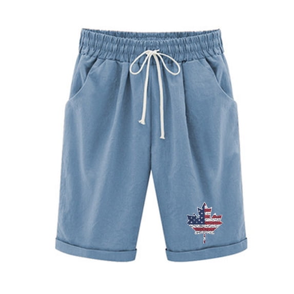 Iyufng Shorts for Women Plus Size 4Th of July Casual Linen Shorts Women,Fashion Printed Tight High Waist Pocket Elasticity Sports Half Shorts Pants Features