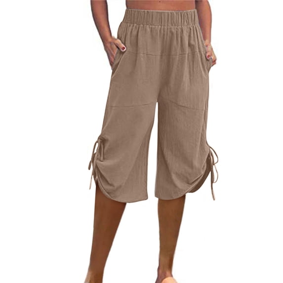Iyufng Shorts for Women Plus Size Casual Linen Shorts Women,Fashion Solid Color Waist Elastic Loose Straight Wide Leg Half Shorts Pants with Pocket