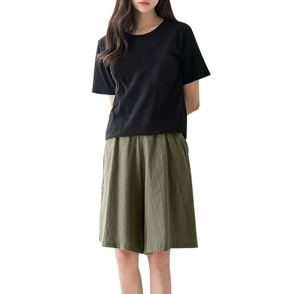 Iyufng Shorts for Women Plus Size Casual Linen Shorts Women Fashionable Solid Color Shorts Oversized Elastic Waist Wide Leg Pants