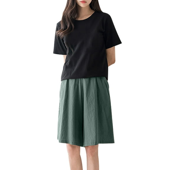 Iyufng Shorts for Women Plus Size Casual Linen Shorts Women Fashionable Solid Color Shorts Oversized Elastic Waist Wide Leg Pants