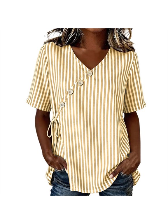 Striped Diagonal Button Blouse for Women Side Drawstring Short Sleeve Loose Casual Summer Top