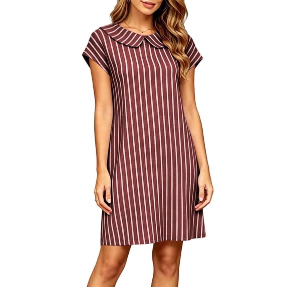 Iyufng Striped Straight Cut Short Dresses for Women with Short Sleeves, Peter Pan Collar and Pockets