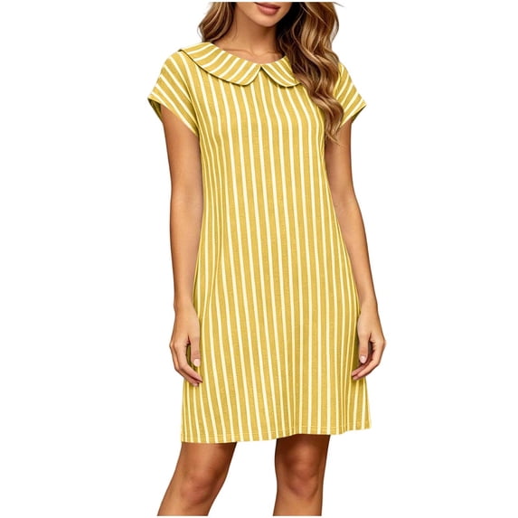 Iyufng Striped Straight Cut Short Dresses for Women with Short Sleeves, Peter Pan Collar and Pockets