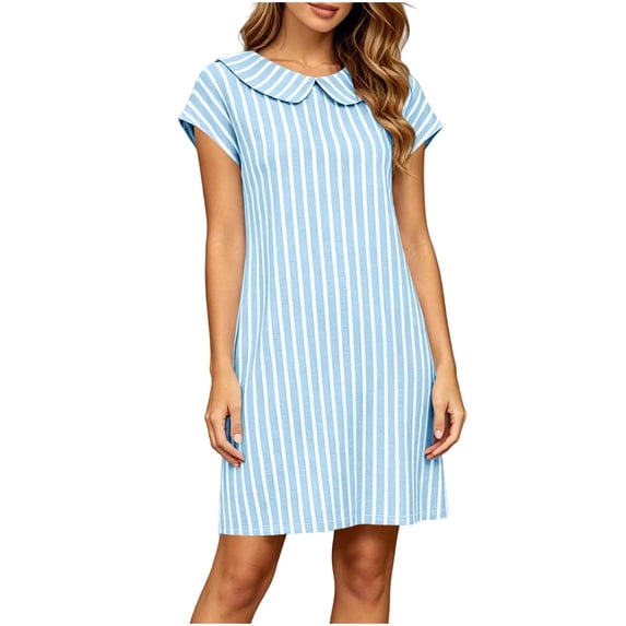 Iyufng Striped Straight Cut Short Dresses for Women with Short Sleeves, Peter Pan Collar and Pockets