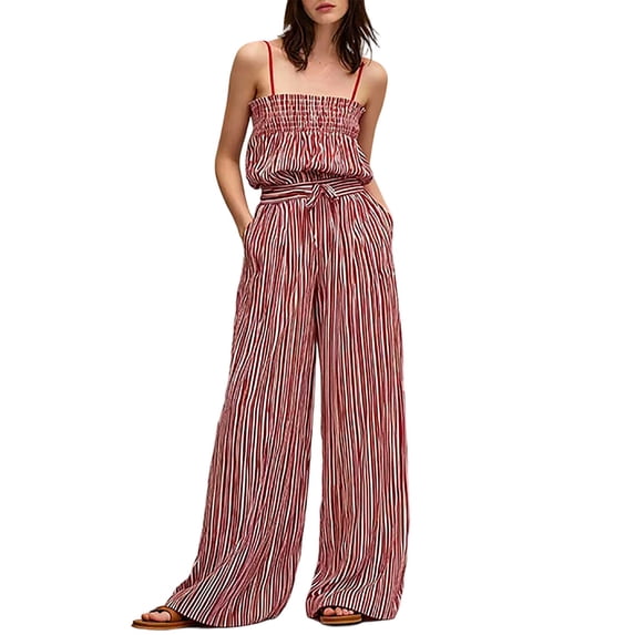 Iyufng Striped Summer Outfits for Women 2 Piece Spaghetti Straps Top Wide Leg Pants Suit