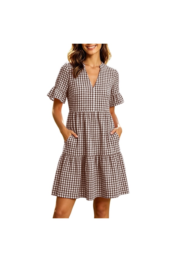 Summer Checkered Dresses for Women V-Neck Pleated Casual Dress with Pockets