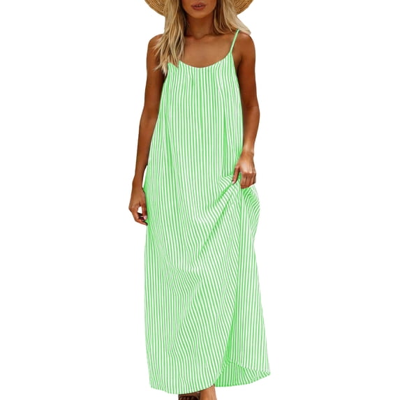 Iyufng Summer Dress for Women Fashion Long Spaghetti Strap Sleeveless Backless Casual Stripes