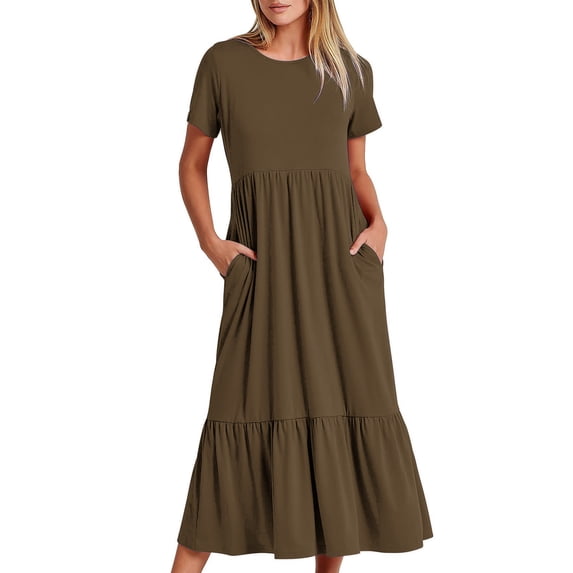 Iyufng Summer Dresses for Women, Womens Dresses With Pockets,Casual Short Sleeve Crewneck Dress Casual Flowy Tiered Maxi Beach Dress,Plus Size Dresses with Sleeves