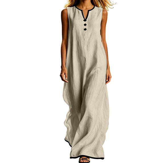 Iyufng Summer Dresses for Women 2026 Loose-Fit Casual Sleeveless Button-Down Patchwork Maxi Dress