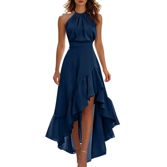 Iyufng Summer Dresses for Women 2026 Women's Halter Sleeveless Asymmetrical Ruffled Hem Casual Maxi Dress