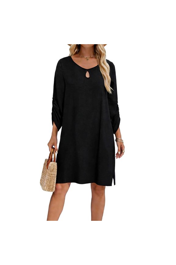 Summer Linen Dresser of Womens Fashion Solid Color Loose Round Neck Gathered Sleeves Side Slits