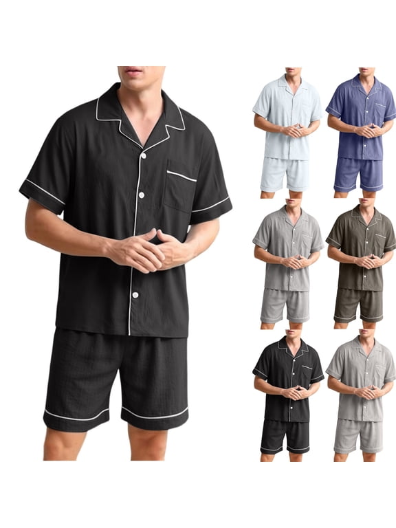 Summer Sleepwear for Men 2 Piece Sets Collared Button Short Sleeve Shirt & Loose Lounge Shorts Daily Home Night Suit