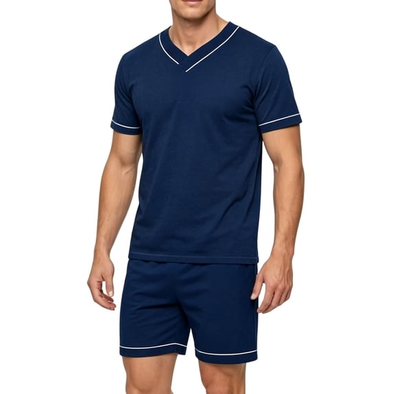 Iyufng Summer Sleepwear for Men 2 Piece Sets Short Sleeve Tee White Contrast Piping Elastic Waist Shorts Daily Home Night Suit