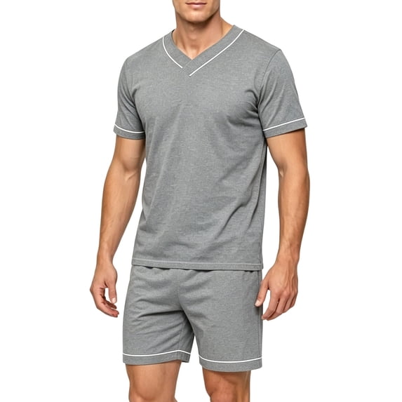 Iyufng Summer Sleepwear for Men 2 Piece Sets Short Sleeve Tee White Contrast Piping Elastic Waist Shorts Daily Home Night Suit