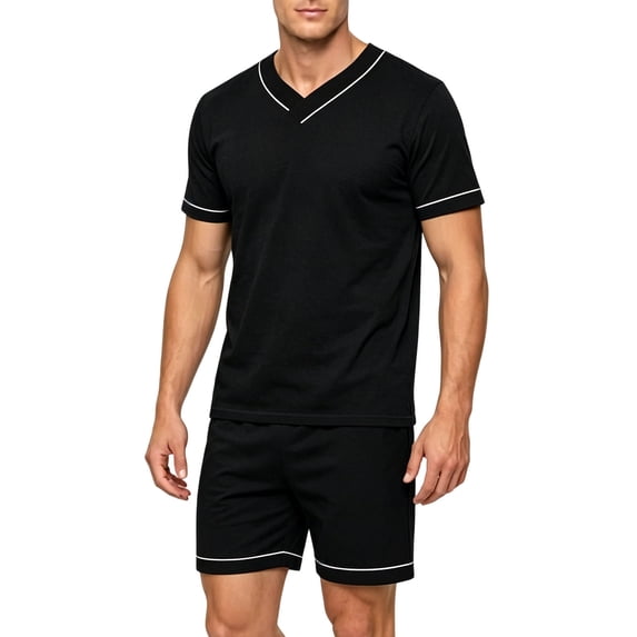 Iyufng Summer Sleepwear for Men 2 Piece Sets Short Sleeve Tee White Contrast Piping Elastic Waist Shorts Daily Home Night Suit