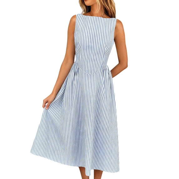 Iyufng Summer Striped Dress for Women Fitted Waist Casual Dress