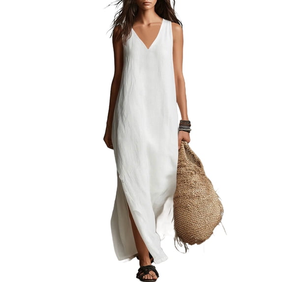 Iyufng Summer Women's Dresses Sleeveless V-Neck Linen Maxi Dress with Side Slit