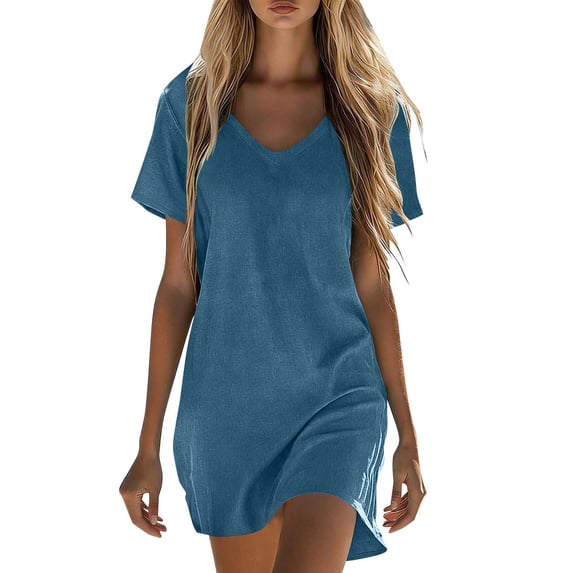 Iyufng Summer Women's Linen Dress Solid Short Sleeved V-Neck Casual and Comfortable