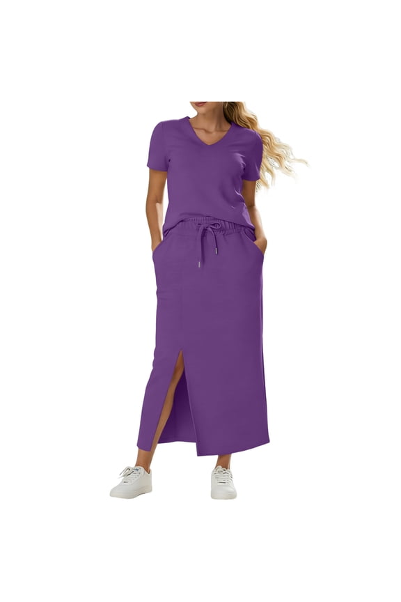 Summer Womens Two Pieces Sets Short Sleeve Tops and Long Skirt Set