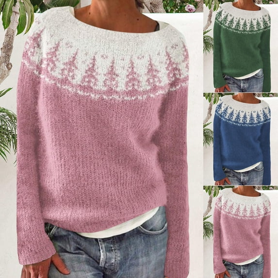Iyufng Sweaters for Women Plus Size Long Sleeve Raglan Crew Neck Casual Vintage Print Knitted Pullover Jumper Tops Blue,L