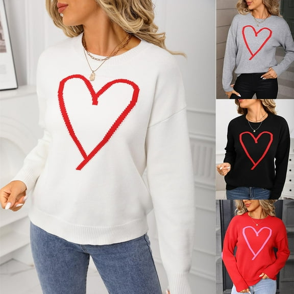 Iyufng Sweaters for Women Valentine's Day Heart Printing Pattern Long Sleeve Crew Neck Knitted Tops Fashion Casual Loose Fall Pullover Red,M