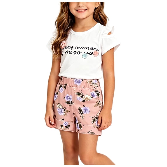 Iyufng Toddler Girl Clothes Girls 2 Piece Outfits Ruffled Printed Top with Floral Elastic Waist Shorts, 12 Month-5 Years
