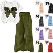 Two Piece Sets for Girls, Old Girls Clothing, Bow Printed Short Sleeve T-Shirt and Cargo Pants Outfits 5-15 Years deal from Walmart