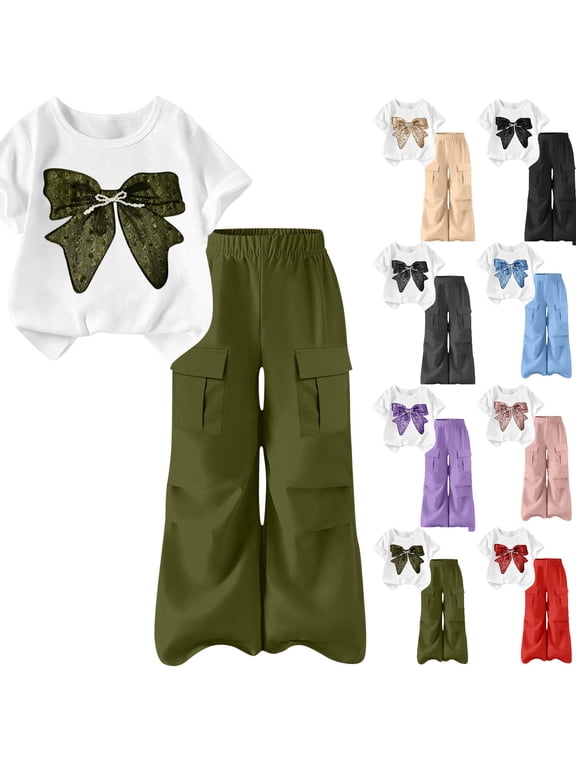 Two Piece Sets for Girls, Old Girls Clothing, Bow Printed Short Sleeve T-Shirt and Cargo Pants Outfits 5-15 Years