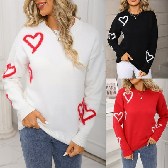Iyufng Valentine Sweaters for Women Heart Printing Pattern Long Sleeve Crew Neck Knitted Tops Fashion Casual Loose Fall/Winter Pullover Red,XL