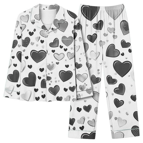 Iyufng Valentine's Day Pajama Sets for Women Plus Size,Valentines Day Gifts Casual Loose Fashion Valentines Love Heart Printed Long Pants Long Sleeve Turndown Collar Sleepwear Sets S-XXXL