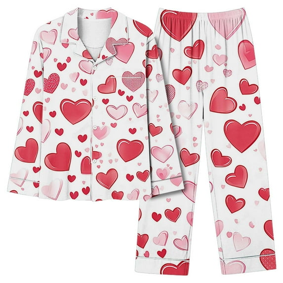 Iyufng Valentine's Day Pajama Sets for Women Plus Size,Valentines Day Gifts Casual Loose Fashion Valentines Love Heart Printed Long Pants Long Sleeve Turndown Collar Sleepwear Sets S-XXXL