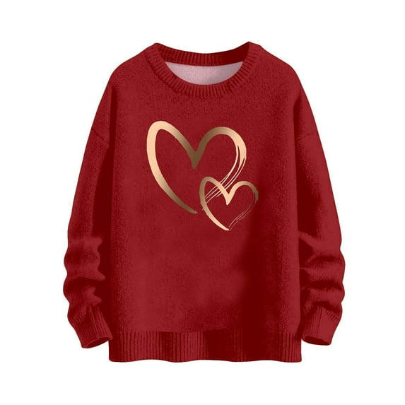 Iyufng Valentine's Day Sweaters for Women Love Heart Long Sleeve Crew Neck Tops Fall Winter Red,4XL