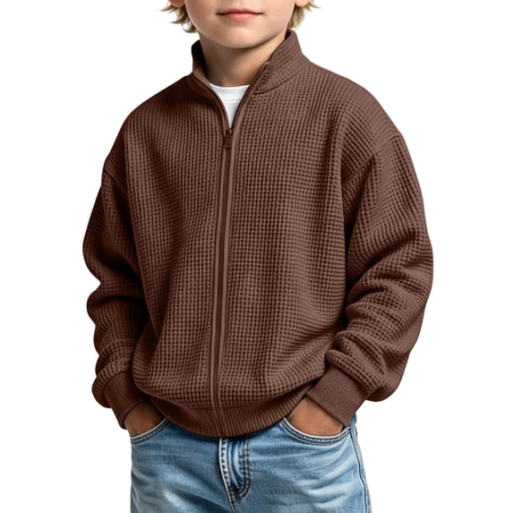 Iyufng Waffle Texture Full Zip Sweatshirts for Boys Mock Neck Ribbed Cuff Relaxed Fit Daily School Kids Long Sleeve Jacket