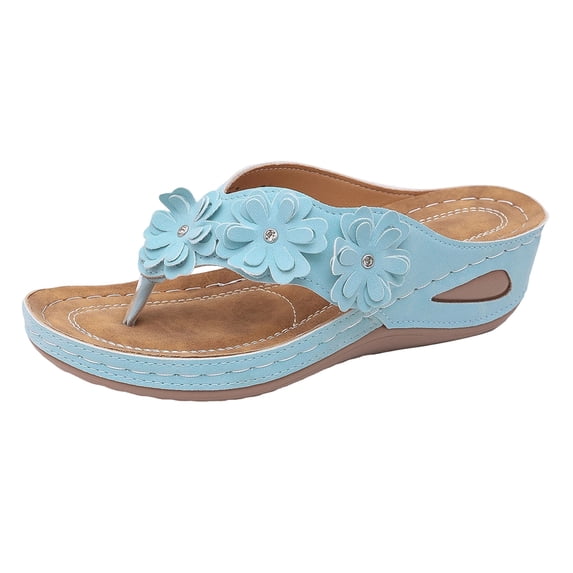 Iyufng Wedge Sandals for Women Floral Embellishments Thong Sandals Summer Casual Outdoor Beach Shoes