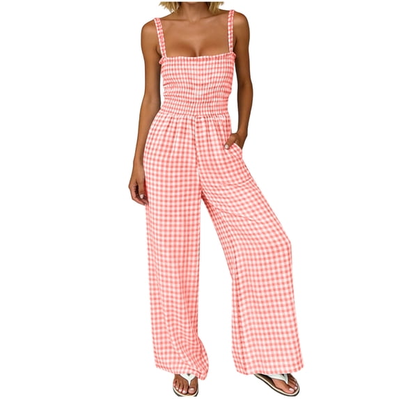 Iyufng Women Checkered Jumpsuits Spaghetti Straps Pocketed Wide Leg Pants
