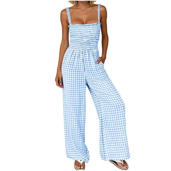 Iyufng Women Checkered Jumpsuits Spaghetti Straps Pocketed Wide Leg Pants