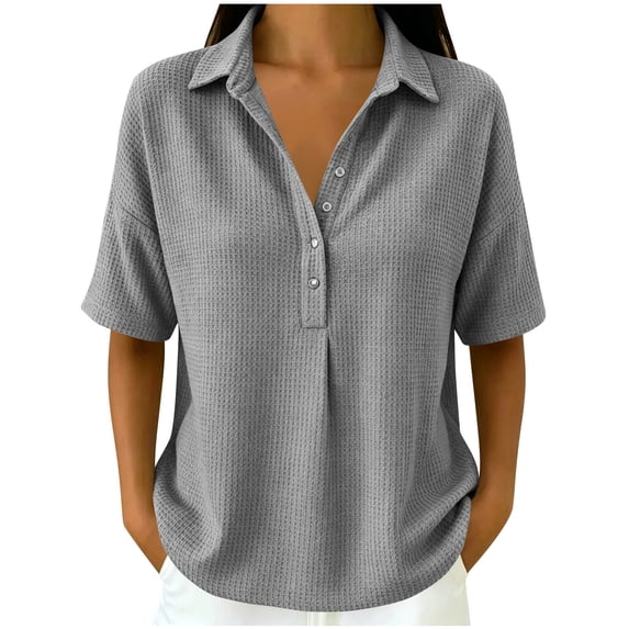 Iyufng Women Collared Waffle Knit Shirt Half Button Drop Shoulder Short Sleeve Loose Solid Casual Daily Blouse Top