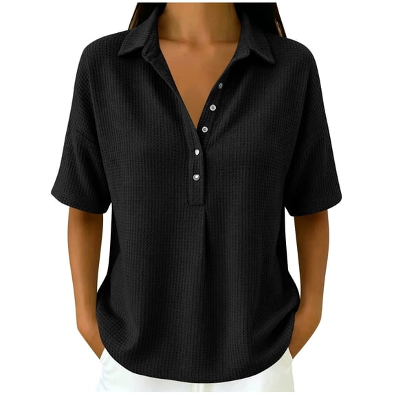 Iyufng Women Collared Waffle Knit Shirt Half Button Drop Shoulder Short Sleeve Loose Solid Casual Daily Blouse Top
