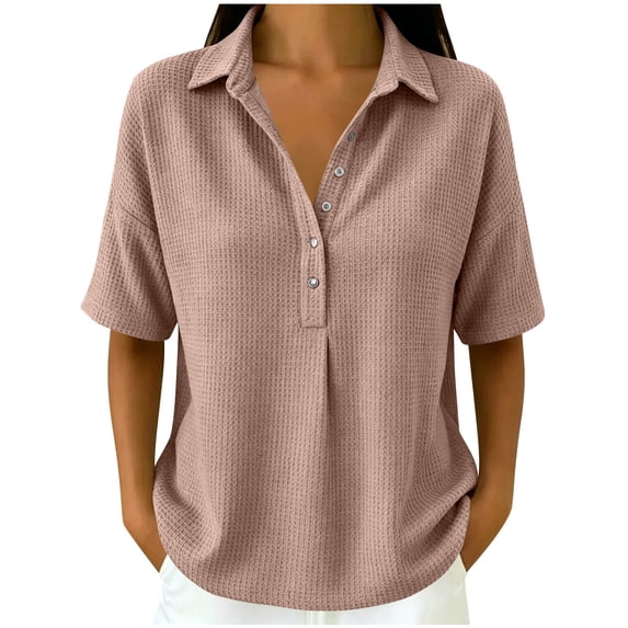 Iyufng Women Collared Waffle Knit Shirt Half Button Drop Shoulder Short Sleeve Loose Solid Casual Daily Blouse Top