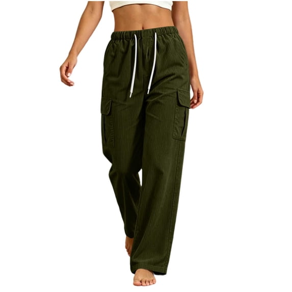Iyufng Women Corduroy Wide Leg Pants Elastic Drawstring Waist Casual Loose Trousers with Large Side Pockets