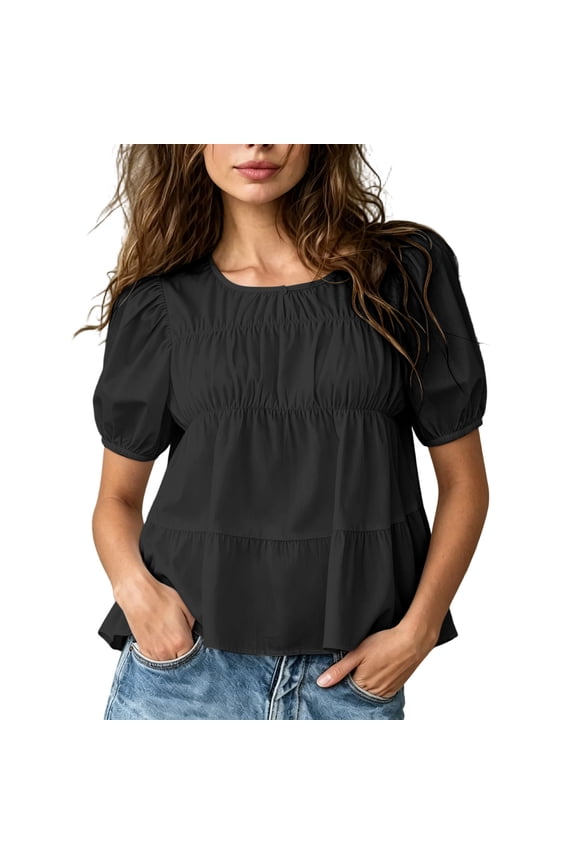 Women Crew Neck Multi Tiered Ruched Bubble Tops