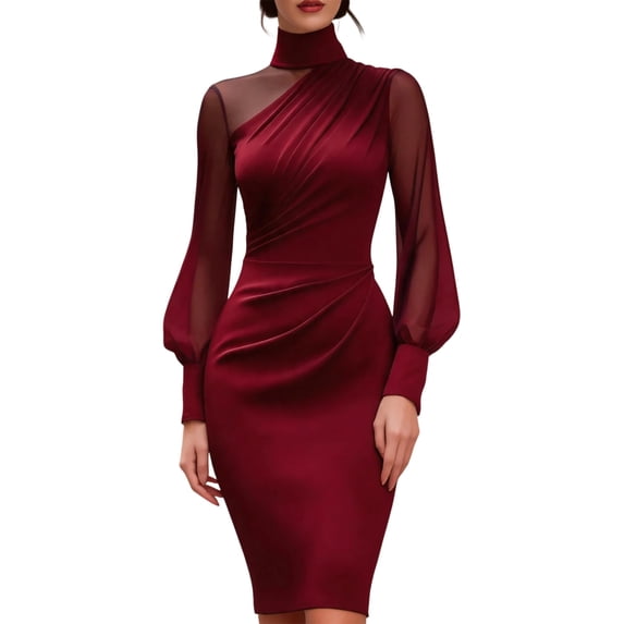 Iyufng Women Mock Neck Mesh Long Puff Sleeve Midi Slim Dresses, Asymmetric Ruched Waist Sheer Sleeve Pencil Dress, Women's Elegant Cocktail Party Wedding Guest Formal Evening Dress