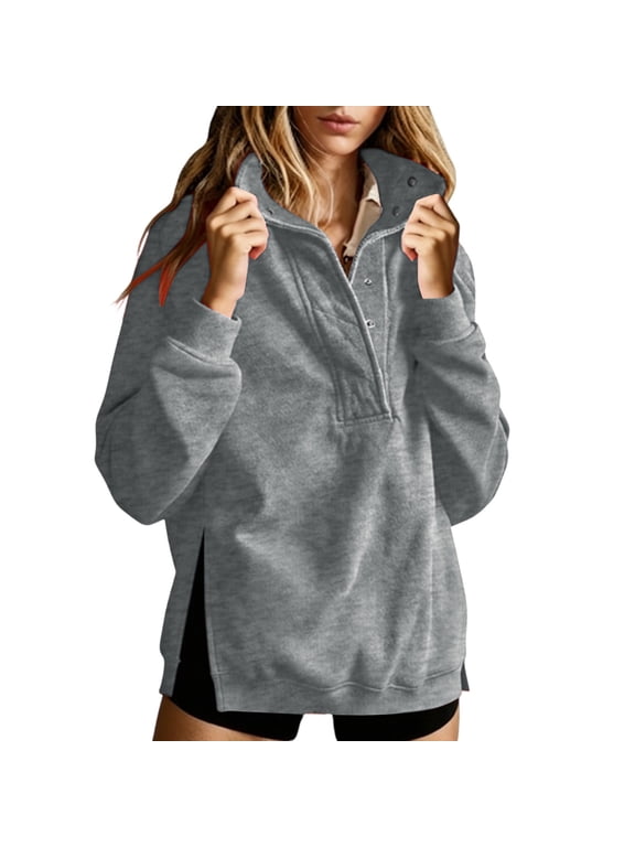 Women Mock Neck Snap Button Pullover Sweatshirts with Side Slits Long Sleeve Loose Fit Casual Top