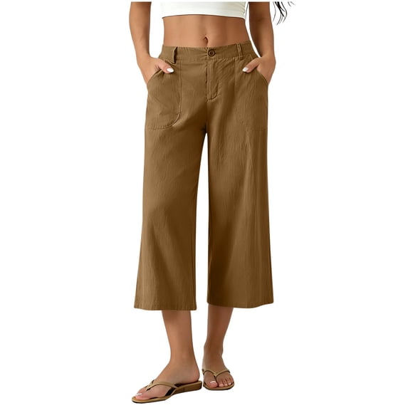 Iyufng Women's Button Zip Wide Leg Capri Pants Cotton Linen Straight-Leg Casual Cropped Pants with Elastic Waist and Pockets