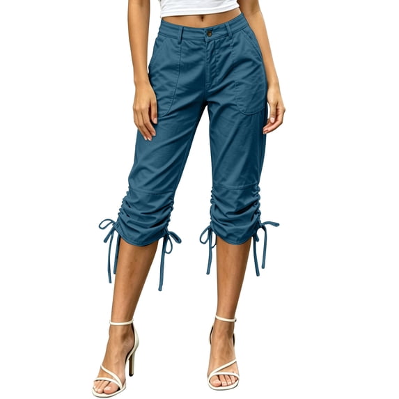 Iyufng Women's Button Zipper Capri Cargo Pants Adjustable Drawstring Ruched Cuff Side Pockets Lightweight Loose Cropped Trousers