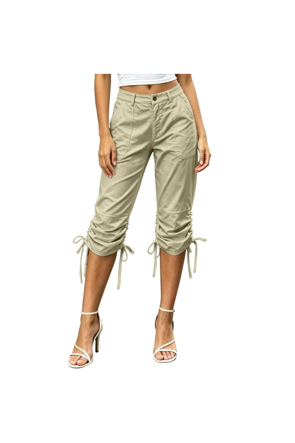 Women's Button Zipper Capri Cargo Pants Adjustable Drawstring Ruched Cuff Side Pockets Lightweight Loose Cropped Trousers